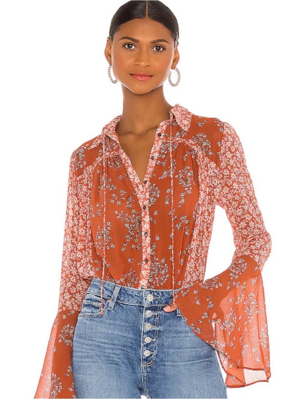 Rust Floral Tie-Front Blouse - Women